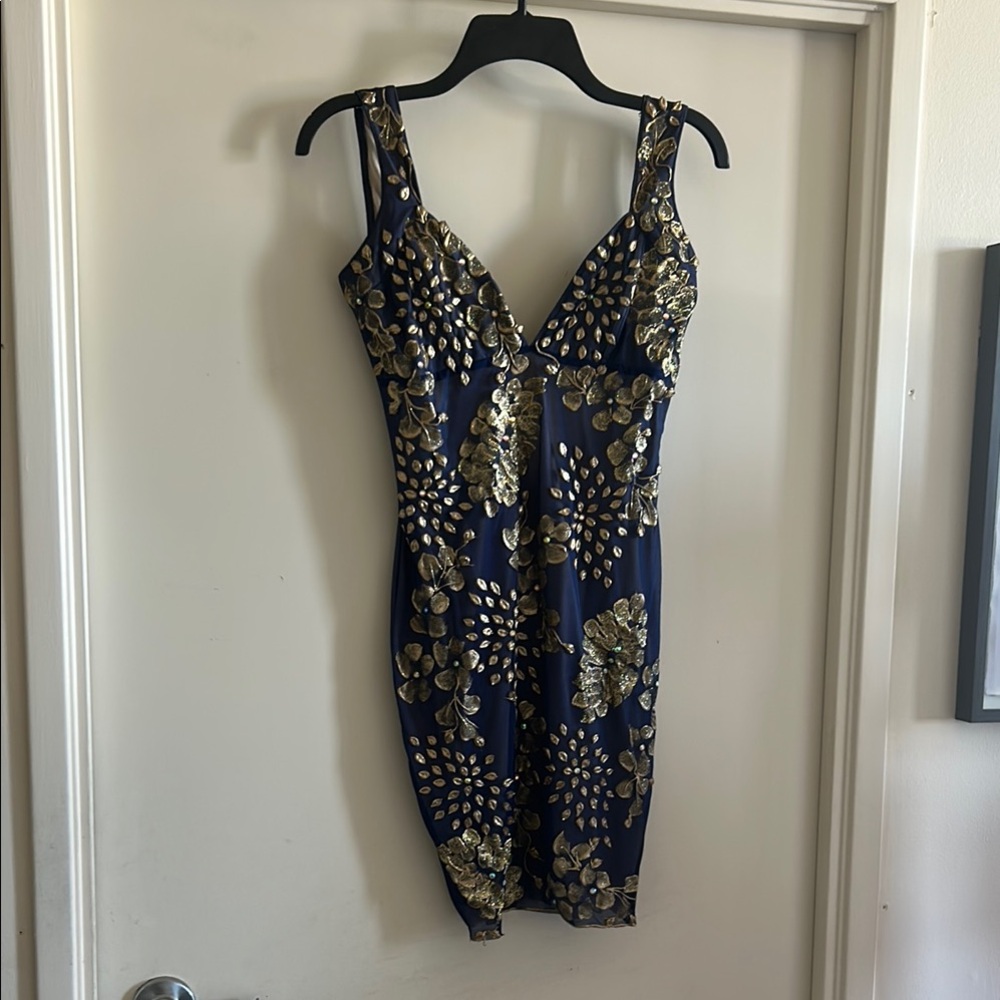 Elegant Blue and Gold Floral Dress